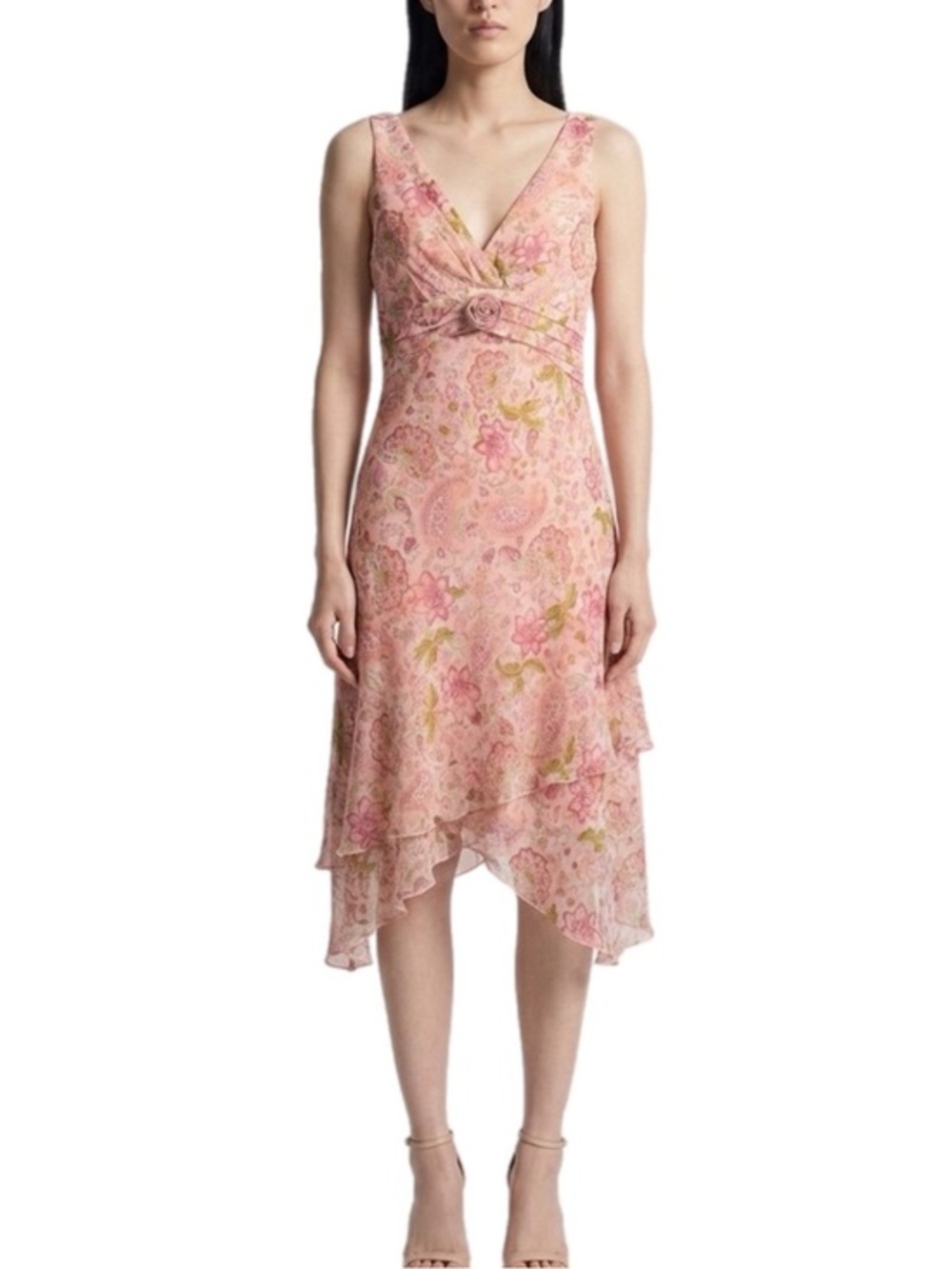 D.J. Summers | Vintage Pink Floral V-Neck Midi Dress Rosette & Ruffle Hem